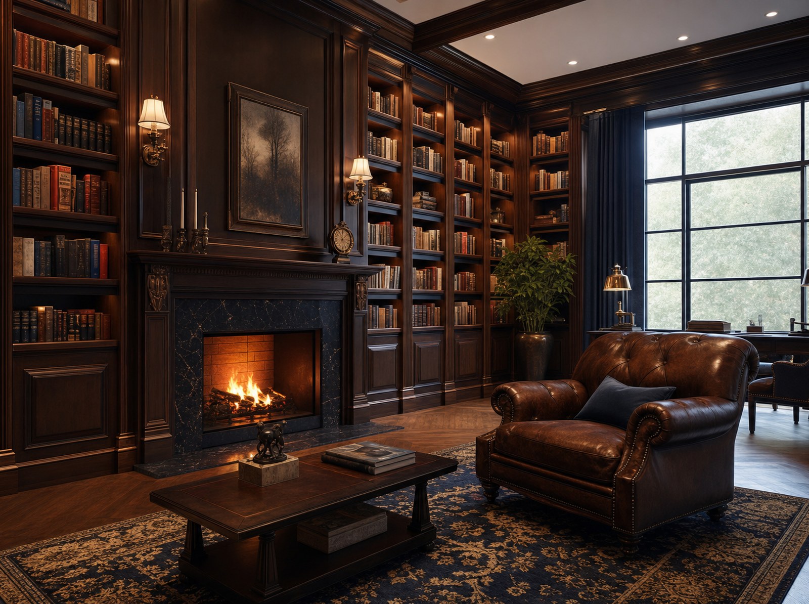 A refined private library interior with fireplace and floor-to-ceiling bookshelves, symbolizing guidance and ethical standards