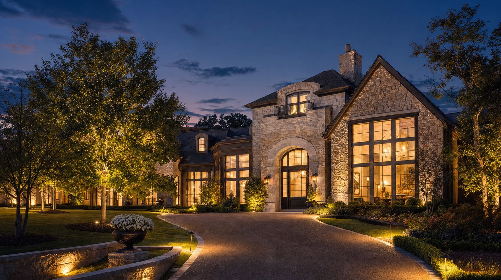 A grand luxury estate home exterior glowing with warm light at dusk, framed by manicured landscaping
