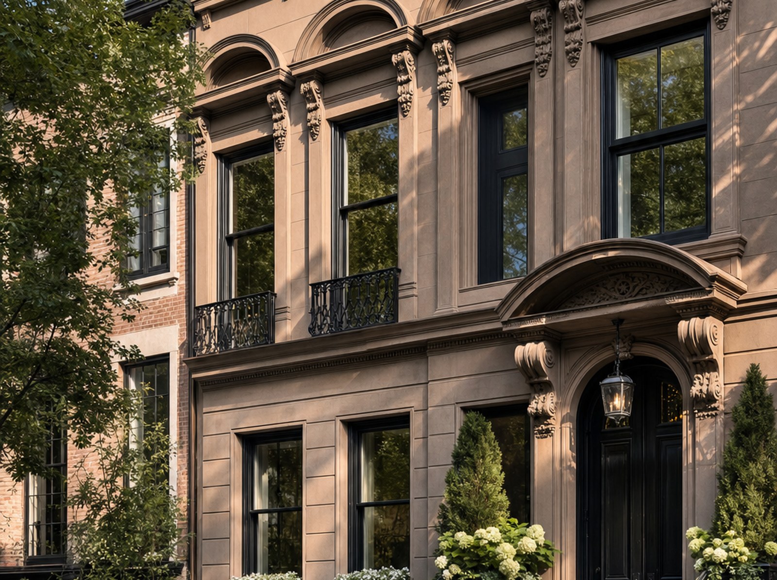 An elegant upscale townhome exterior with classic stone facade and wrought iron details, symbolizing a personal journey and legacy